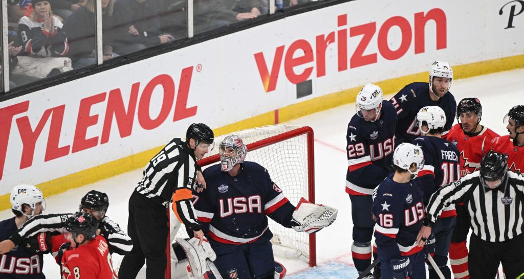 Feb 20, 2025; Boston, MA, USA; [Imagn Images direct customers only] Team USA goaltender Connor Hellebuyck (37) talks with the referee during the first period against Team Canada during the 4 Nations Face-Off ice hockey championship game at TD Garden.