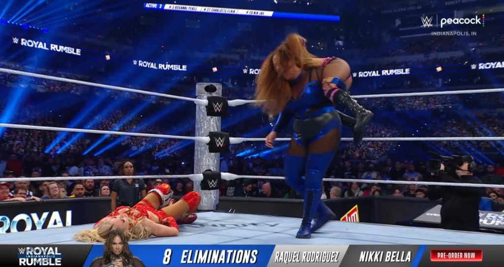 Nia Jax and Roxanne Perez compete against each other in the 2025 women's Royal Rumble match. Photo Credit: WWE/Peacock